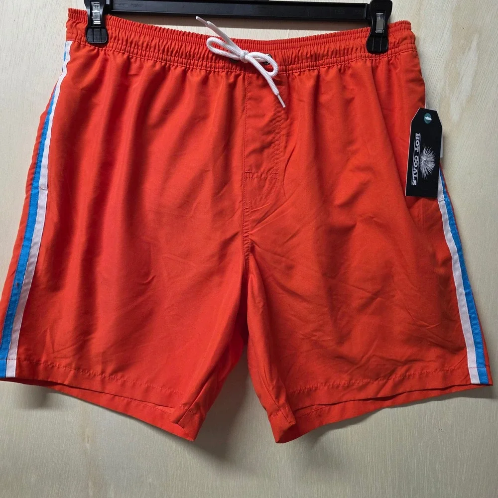 Hot Coals‎ Mens Orange Swim Trunks Quick Dry UPF 50+ Side Stripe Mesh Lining M